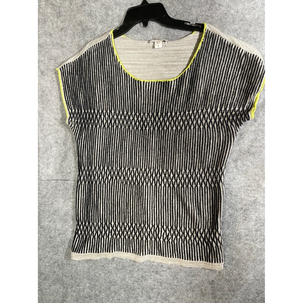 Coldwater Creek‎ Womens Geometric Knit Top Black Beige Neon Trim L 14